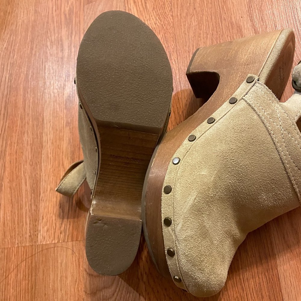 Sezane Tan Suede Clog Mules with Wood Heel - Picture 7 of 7